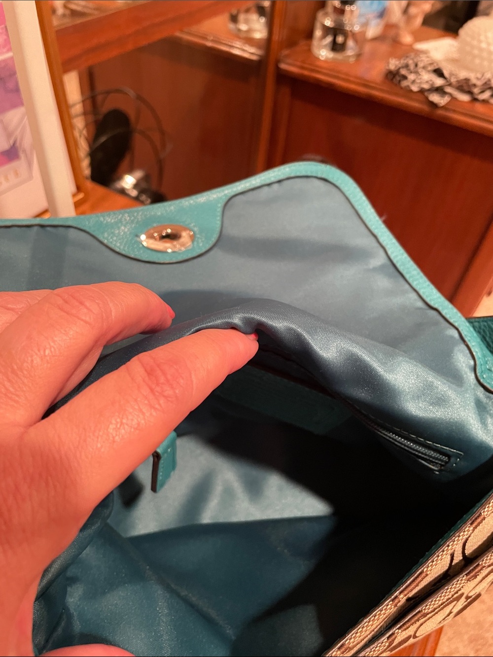 Coach Brown Signature Crossbody with Teal Trim - Picture 7 of 7